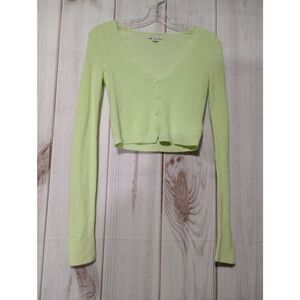 American Eagle Lime Green Cropped Cardigan V-Neck Long Sleeve‎ Sweater XS